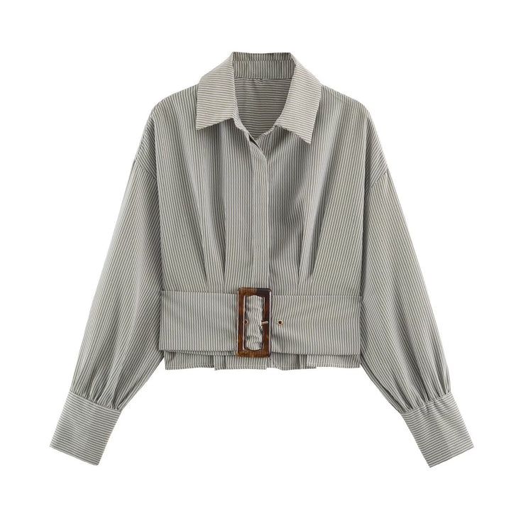 Women Cropped Shirt Blouse with Wide Waistband and Oversized Sleeves Mune Fashion