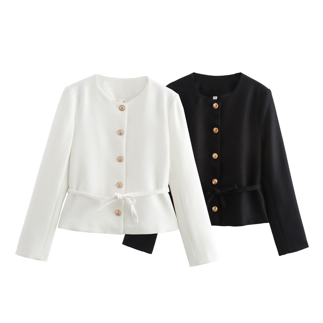 Women's structured short jacket with round neckline, wooden button placket, and tailored tie belt Mune Fashion