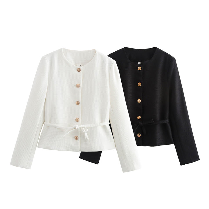 Women's structured short jacket with round neckline, wooden button placket, and tailored tie belt Mune Fashion