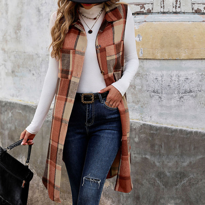 Women's Longer Check Vest with Pockets Mune Fashion