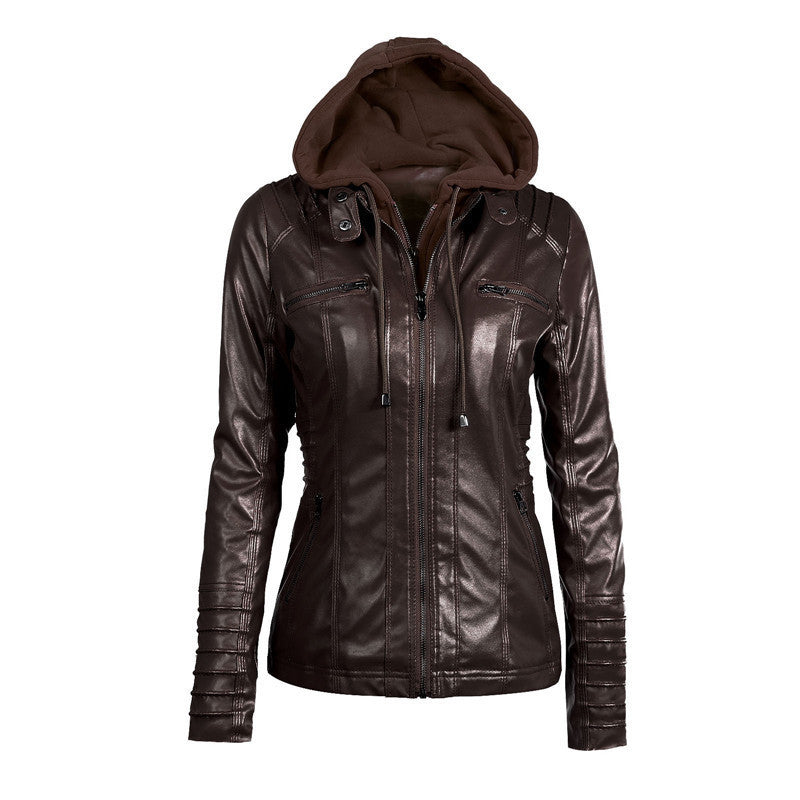 Women's Slim-Fit Faux Leather Jacket with Hood, Padded Sleeves and Zipper Pockets Mune Fashion