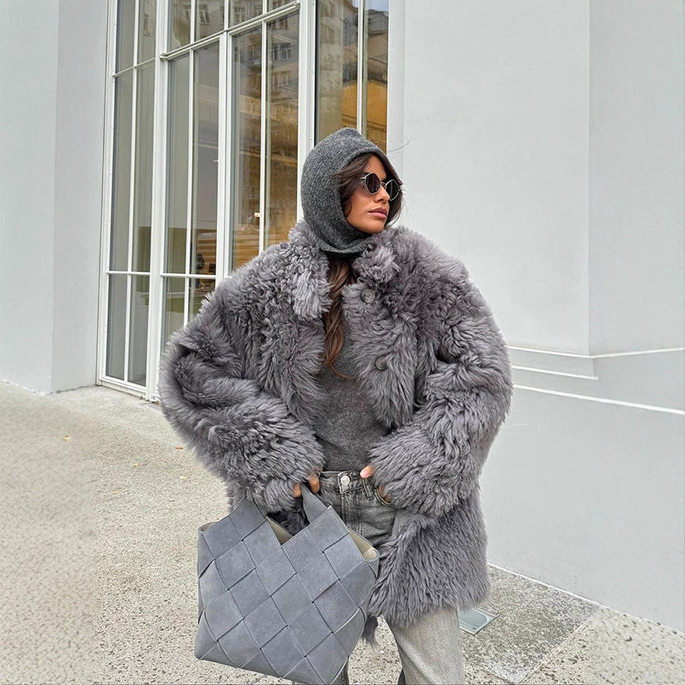 Women's Short Oversize Faux Fur Coat with Voluminous Curly Texture and Button Closure Mune Fashion