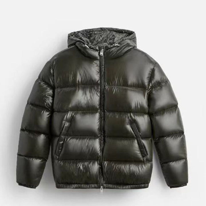 Women's Quilted Padded Hooded Jacket with High-Gloss Surface, Two-Way Zipper and Kangaroo Pockets Mune Fashion
