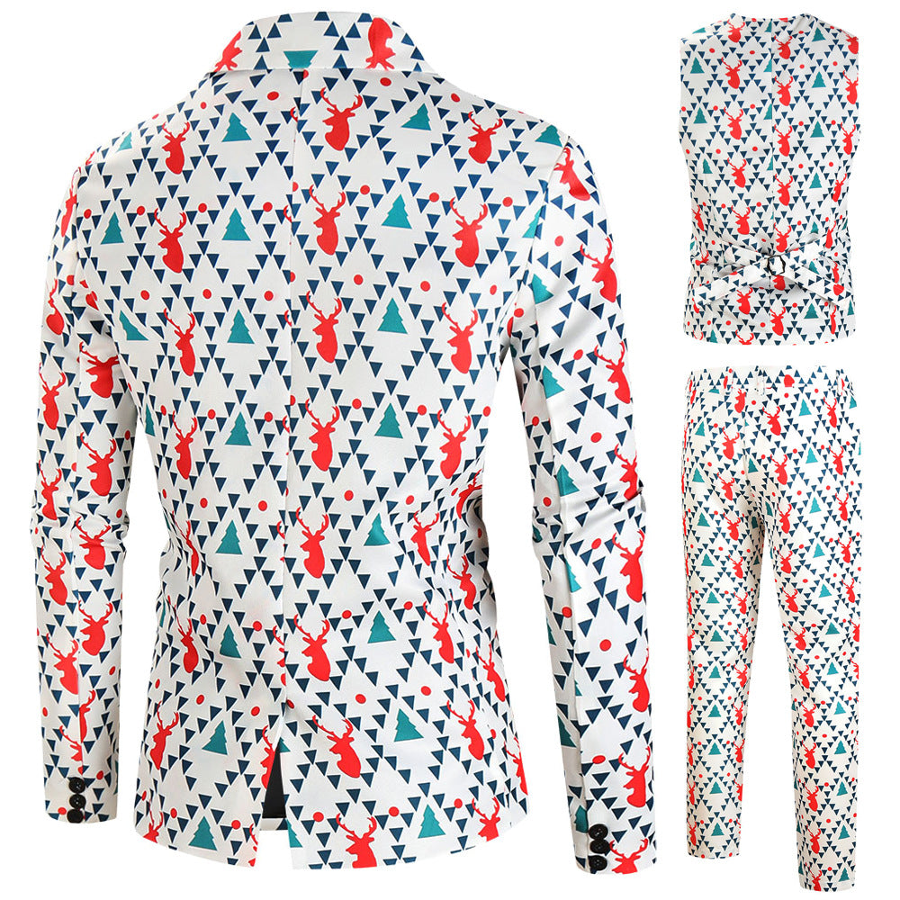 Men's Christmas three-piece suit set with jacket, vest, and trousers in all-over reindeer-tree pattern Mune Fashion