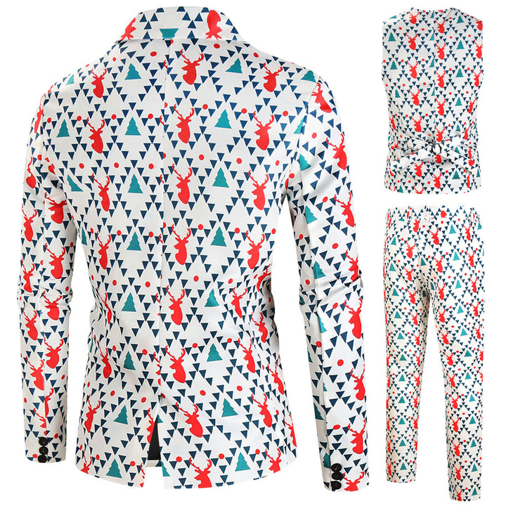 Men's Christmas three-piece suit set with jacket, vest, and trousers in all-over reindeer-tree pattern Mune Fashion