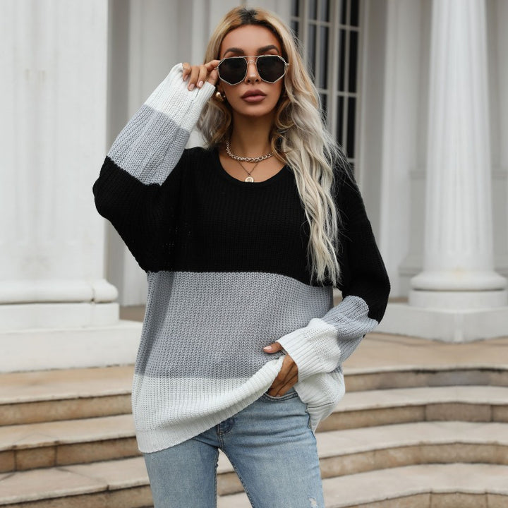 Women's Oversize Fine Knit Sweater with Wide Block Stripes and Round Neck Mune Fashion
