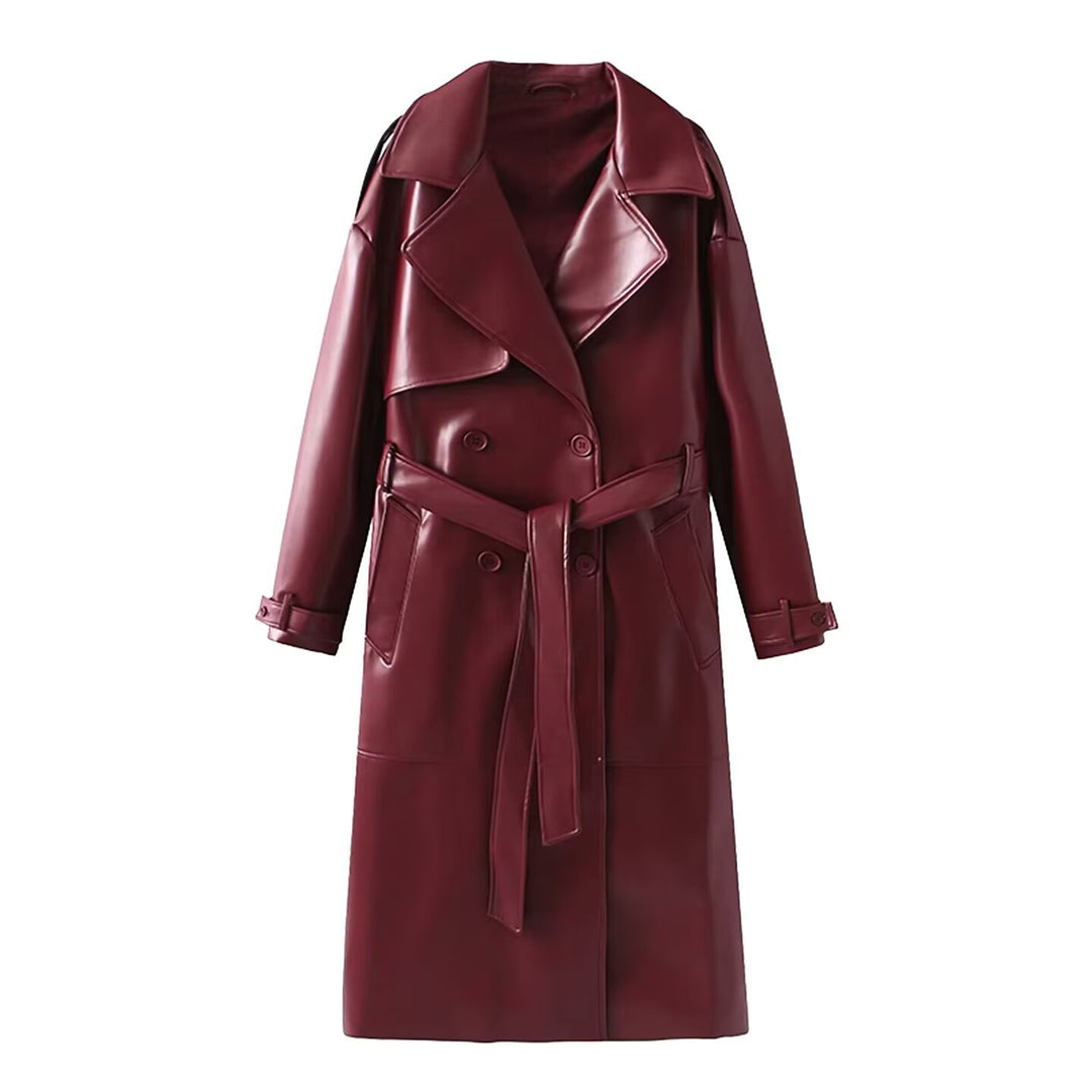 Women 40+ longer trench coat made of synthetic leather with belted waist and double-breasted button placket Mune Fashion