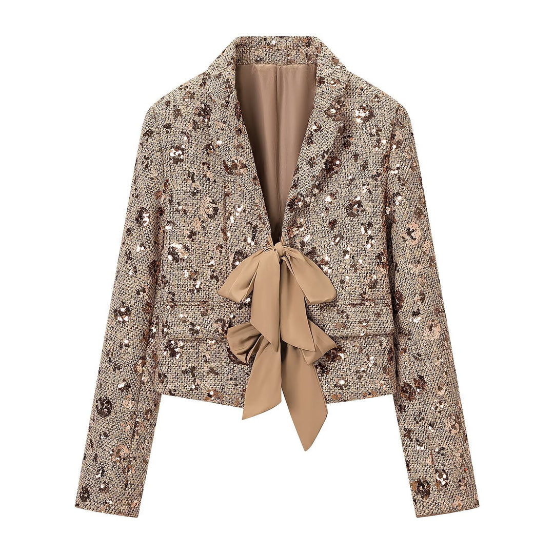Women's short blazer made of tweed with sequin trim and bow closure Mune Fashion
