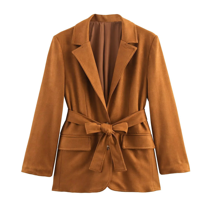 Women's tailored blazer with tie belt, flap pockets, and soft lining Mune Fashion