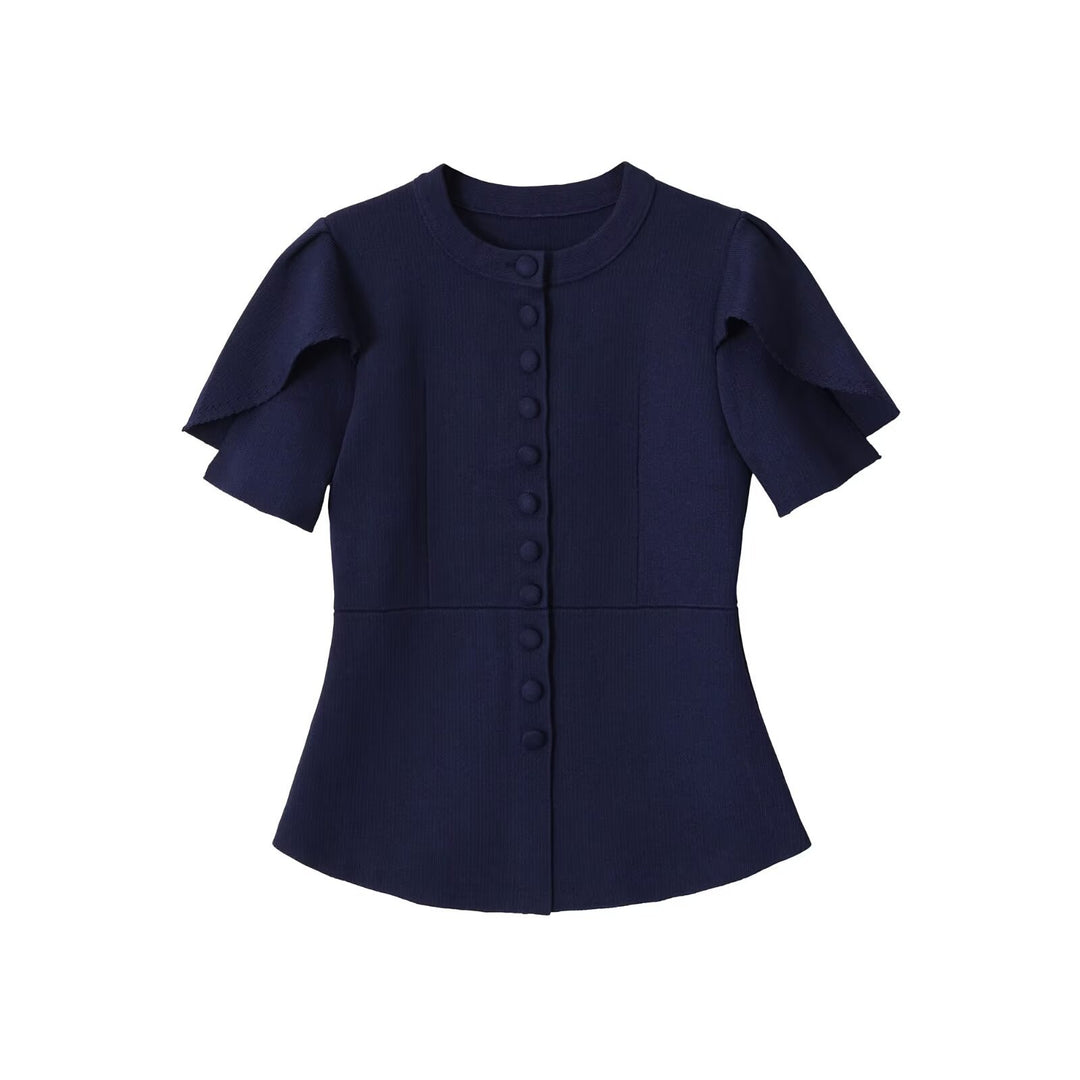 Women's Tailored Stretch Knit Blouse with Hidden Fabric Buttons and Double Ruffle Sleeves Mune Fashion