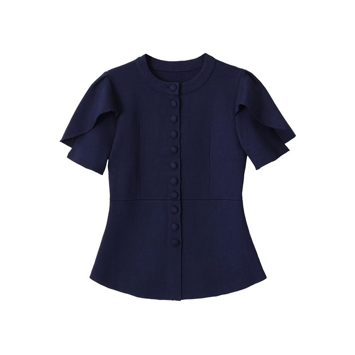 Women's Tailored Stretch Knit Blouse with Hidden Fabric Buttons and Double Ruffle Sleeves Mune Fashion