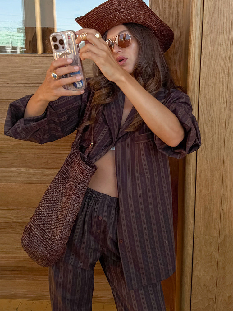 Women's Oversized Striped Blazer Set with Relaxed Linen Blend Pants Mune Fashion