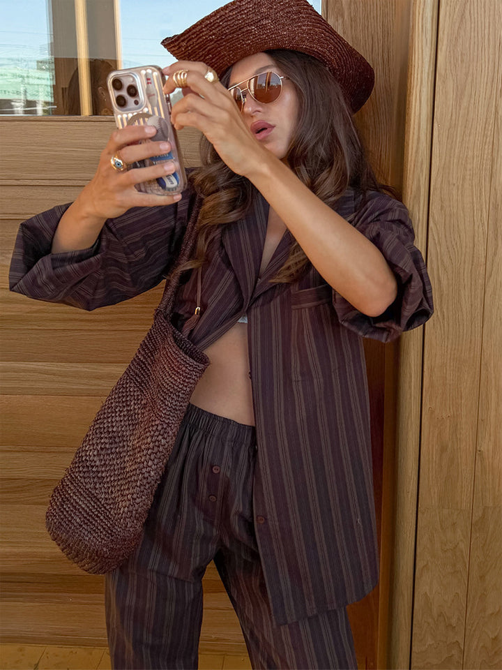 Women's Oversized Striped Blazer Set with Relaxed Linen Blend Pants Mune Fashion