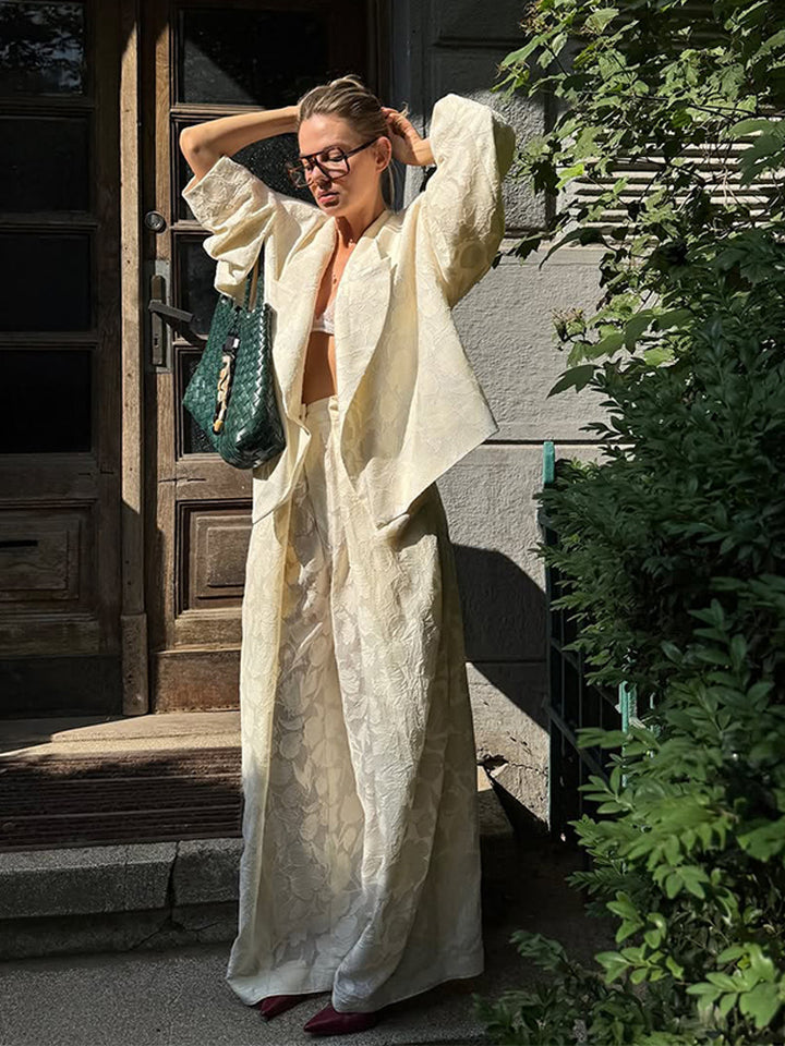 Women Two-Piece Jacquard Pants Set with Oversized Boxy Blazer and High-Cut Palazzo Pants Mune Fashion
