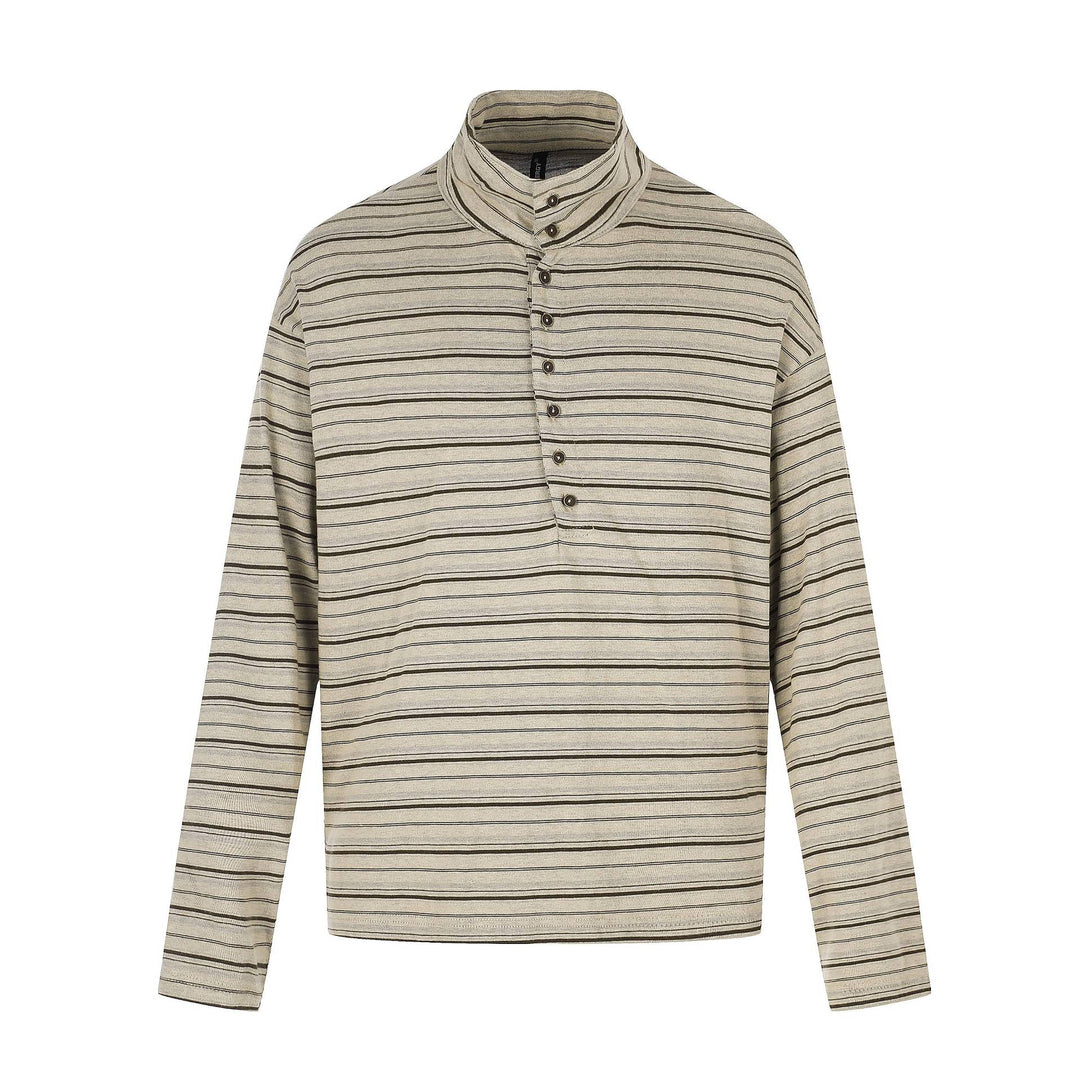 Men's fine striped henley with high stand-up collar, full button placket, and boxy cut Mune Fashion