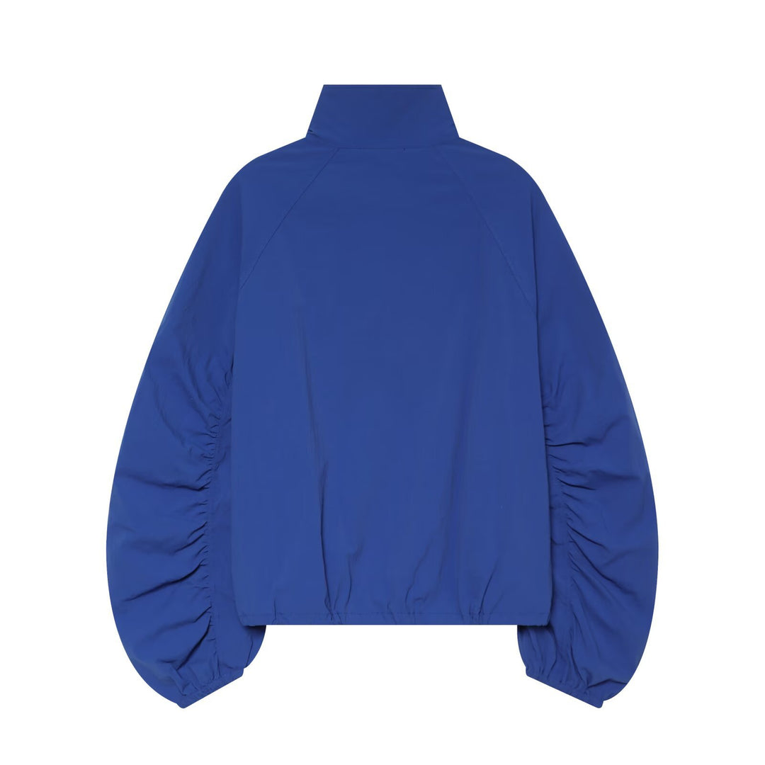 Women's short jacket with stand-up collar, gathered balloon sleeves, and drawstring hem Drune