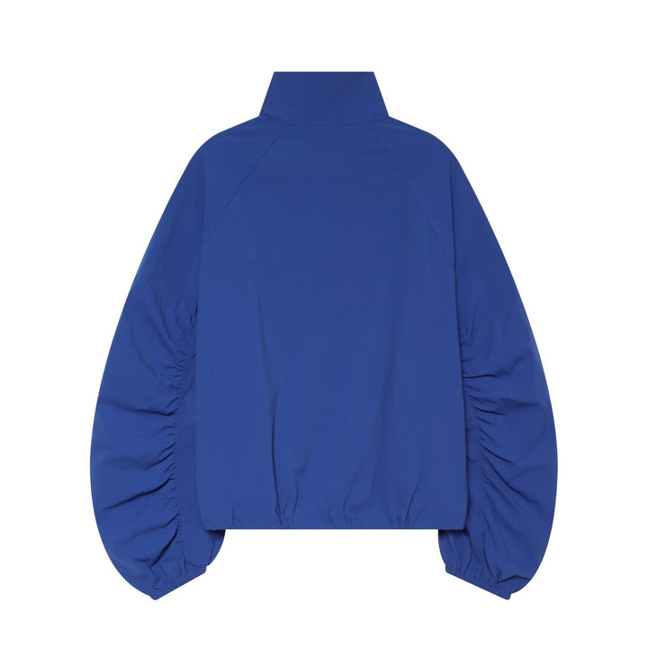 Women's short jacket with stand-up collar, gathered balloon sleeves, and drawstring hem Drune