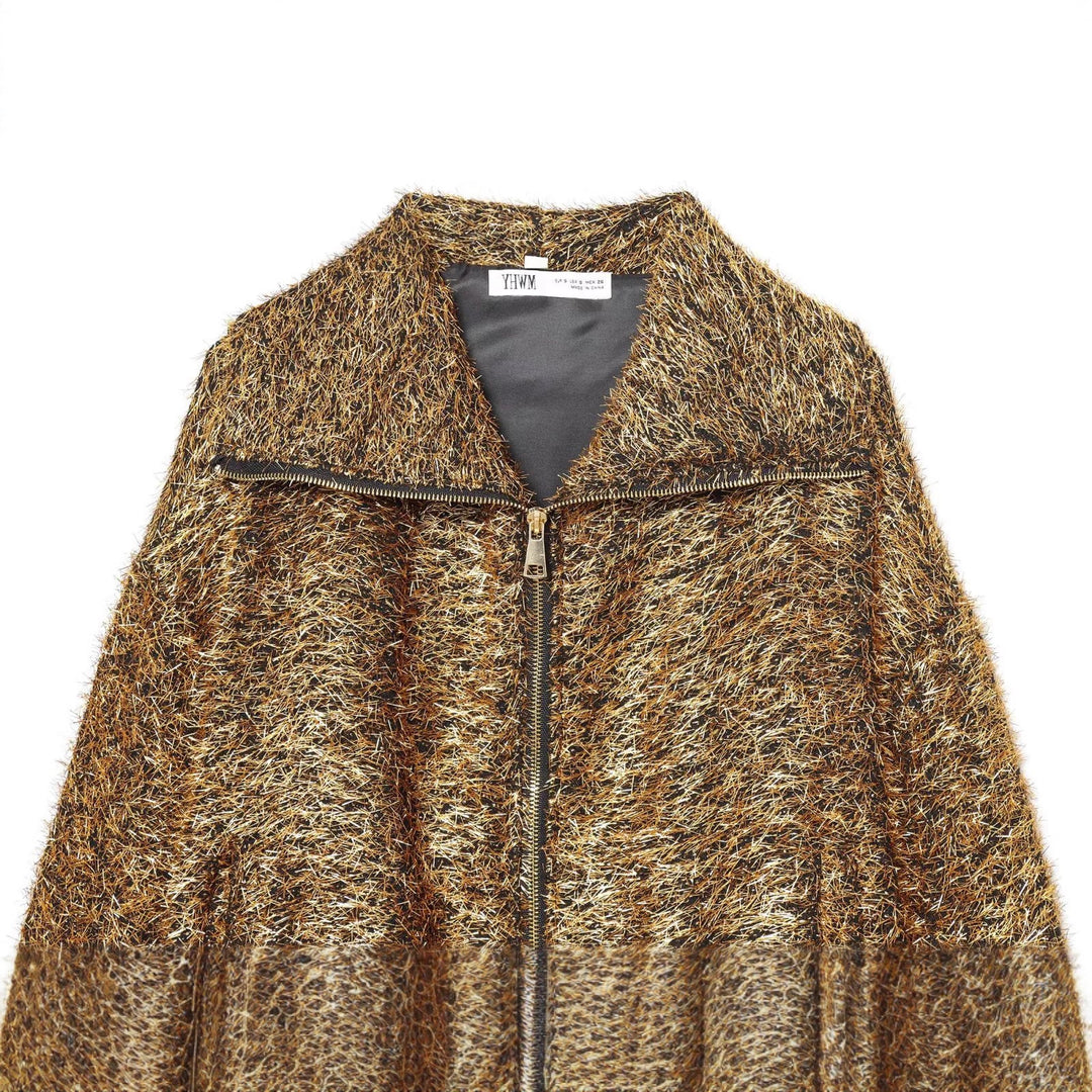 Ladies nano short glitter teddy jacket with boxy cut, stand-up collar and continuous metal zipper Mune Fashion