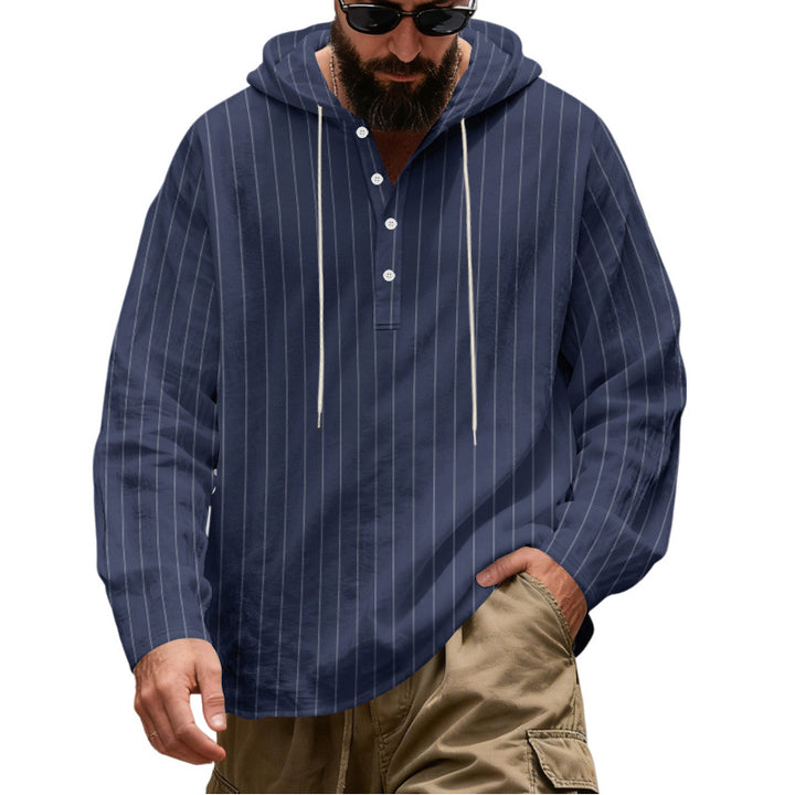 Men's Casual Hoodie Henley Shirt with Fine Pinstripes and Button Placket Mune Fashion