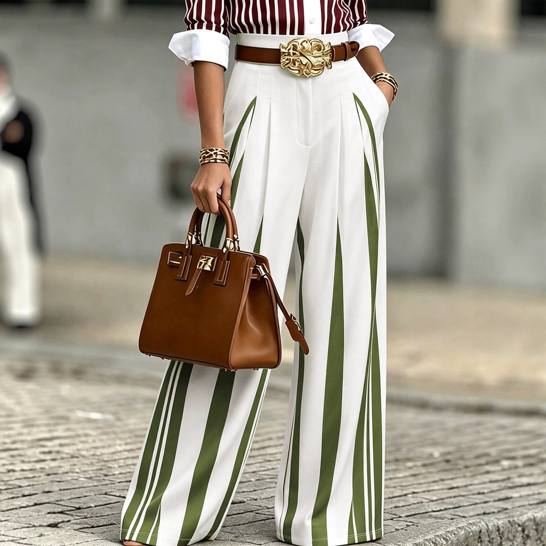 Women's High-Waisted Wide Palazzo Pants with Vertical Stripes and Pleats Mune Fashion