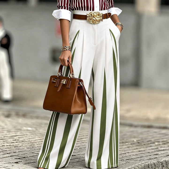 Women's High-Waisted Wide Palazzo Pants with Vertical Stripes and Pleats Mune Fashion