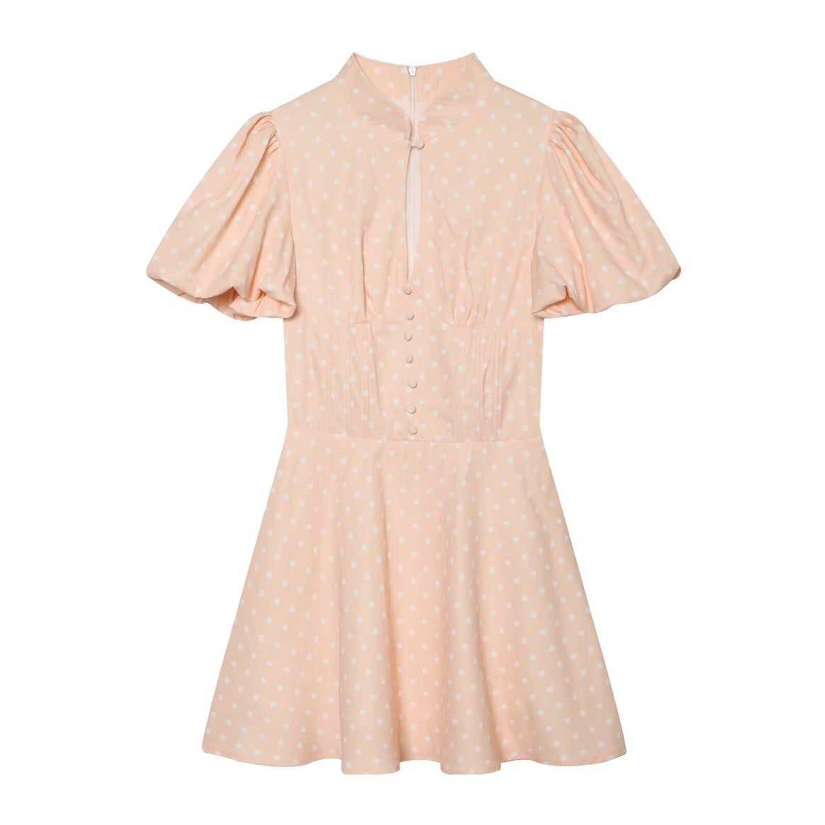 Women's Polka Dot A-Line Dress with Stand Collar, Tailoring and Balloon Sleeves Mune Fashion