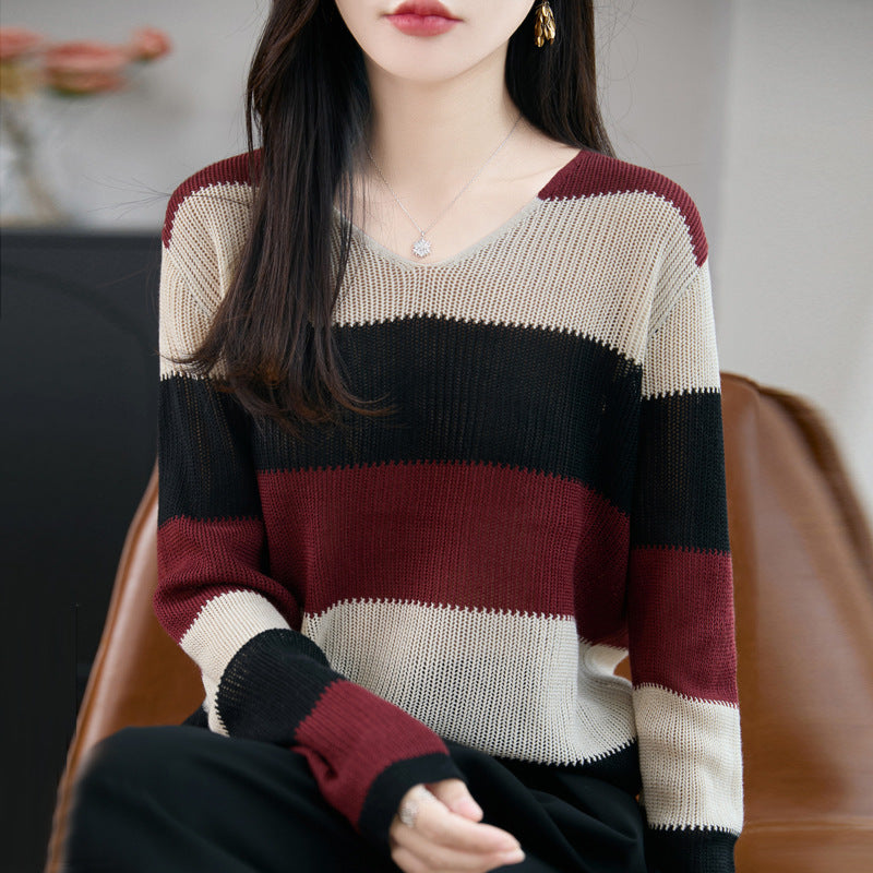 Women Light V-Neck Fine Knit Sweater with Wide Block Stripes and Relaxed Fit Mune Fashion