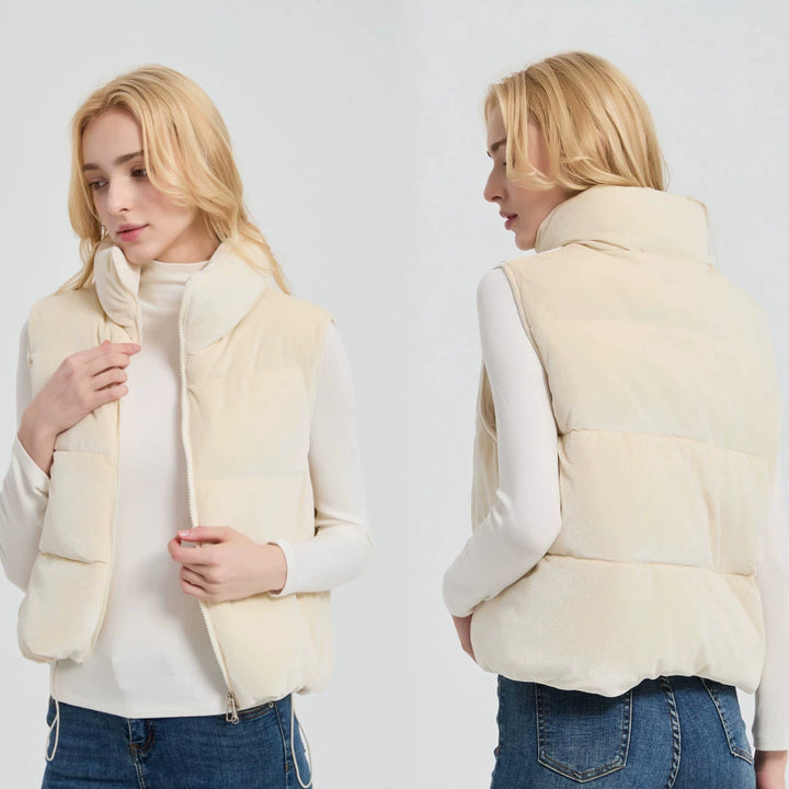 Women short-cut velvet quilted vest with high stand-up collar and thermal lining Mune Fashion