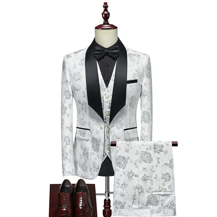Men's Luxurious Three-Piece Tuxedo Set with Shawl Lapel and Floral Jacquard Mune Fashion