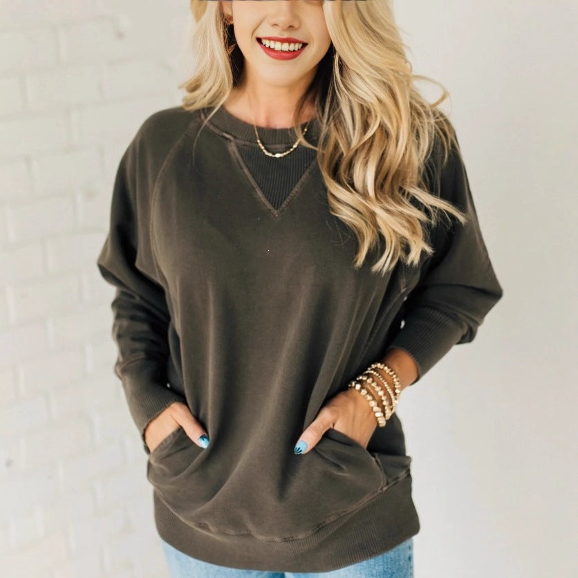 Women's Oversized Cotton Sweatshirt with V-Stitch, Ribbed Cuffs and Side Pockets Mune Fashion