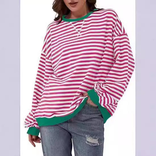Women Striped Oversized Sweater with Contrast Cuffs Mune Fashion
