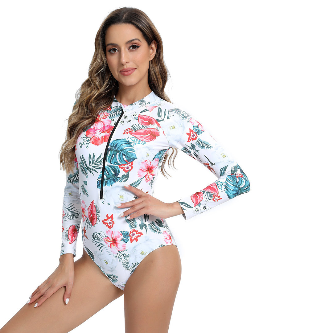 Women Long Sleeve Swimsuit with Zipper and Modern Marble Design Mune Fashion