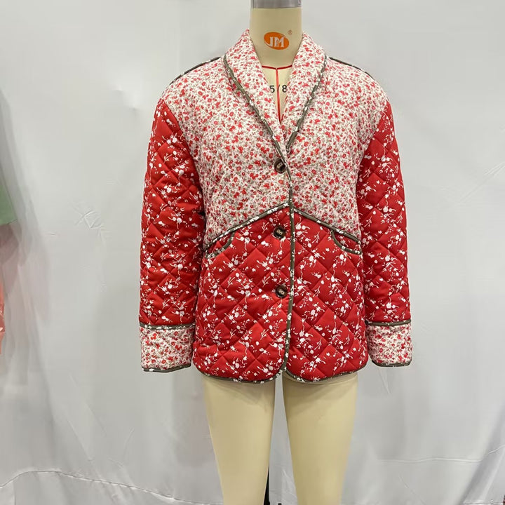 Women's quilted patchprint transitional jacket with shawl collar, decorative piping, and patch pockets Mune Fashion