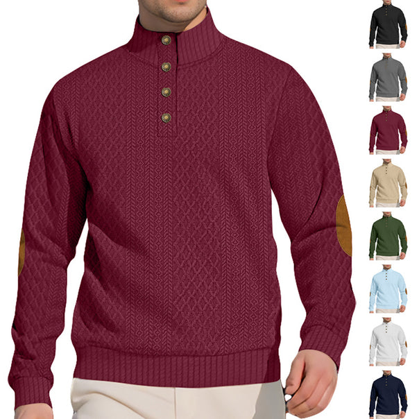 Men's noble button sweater in cable pattern with high stand-up collar and suede elbow patches Mune Fashion