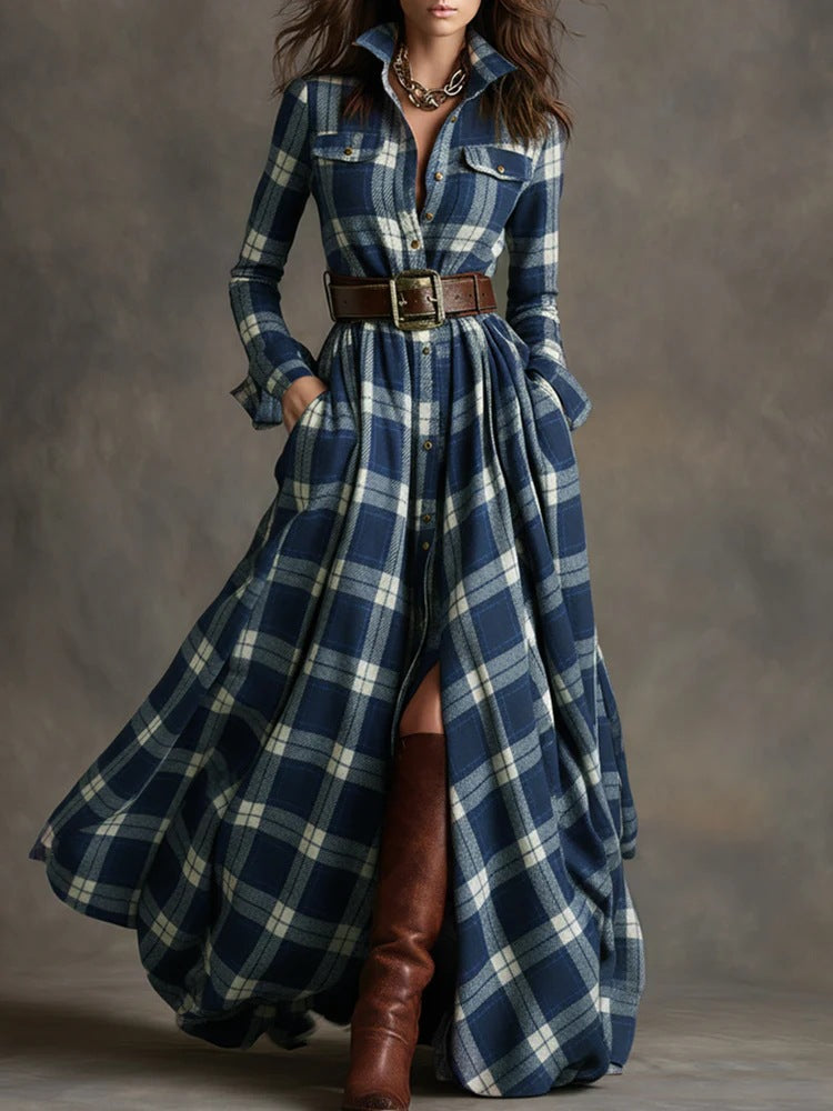 Women checked maxi dress shirt dress with flared skirt and wide waistband Mune Fashion