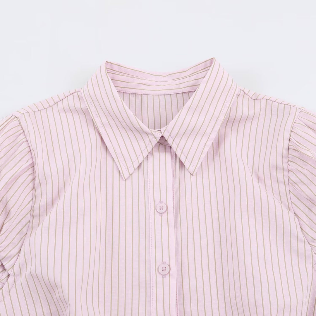Women's Tailored Short Sleeve Blouse with Peplum, Shirt Collar and Fine Pinstripe Mune Fashion