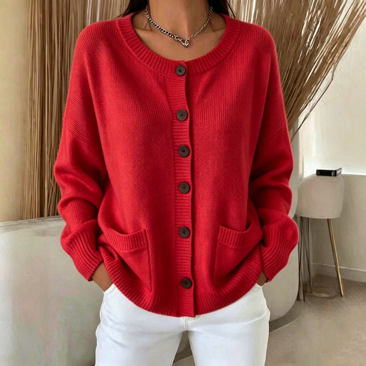 Women Button Cardigan with Round Neck, Patch Pockets and Raglan Sleeves Mune Fashion