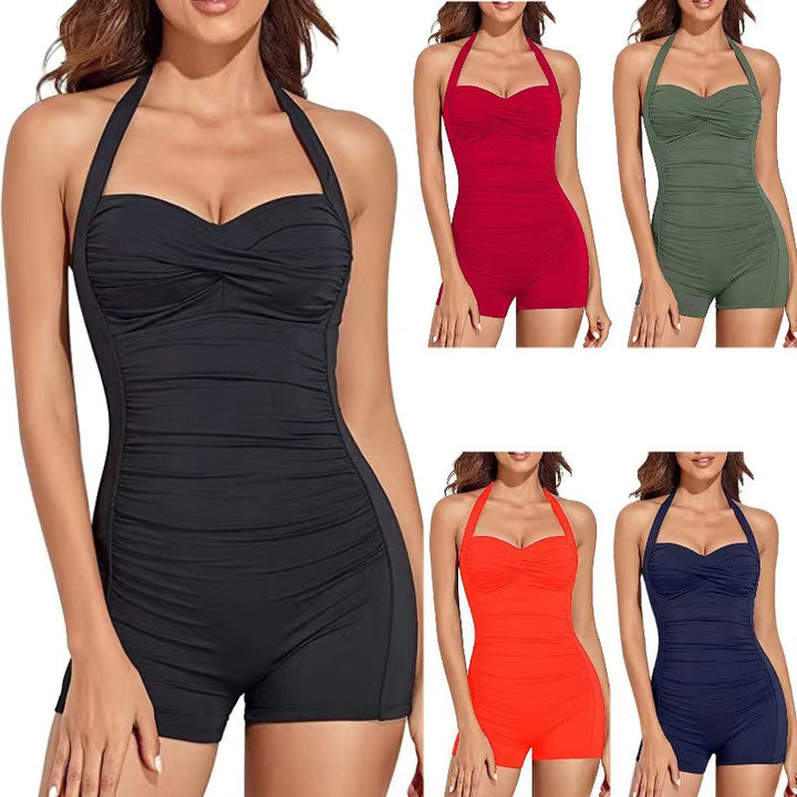 Women's One-Piece Swimsuit with Slim Straps and Fashionable Gather Mune Fashion