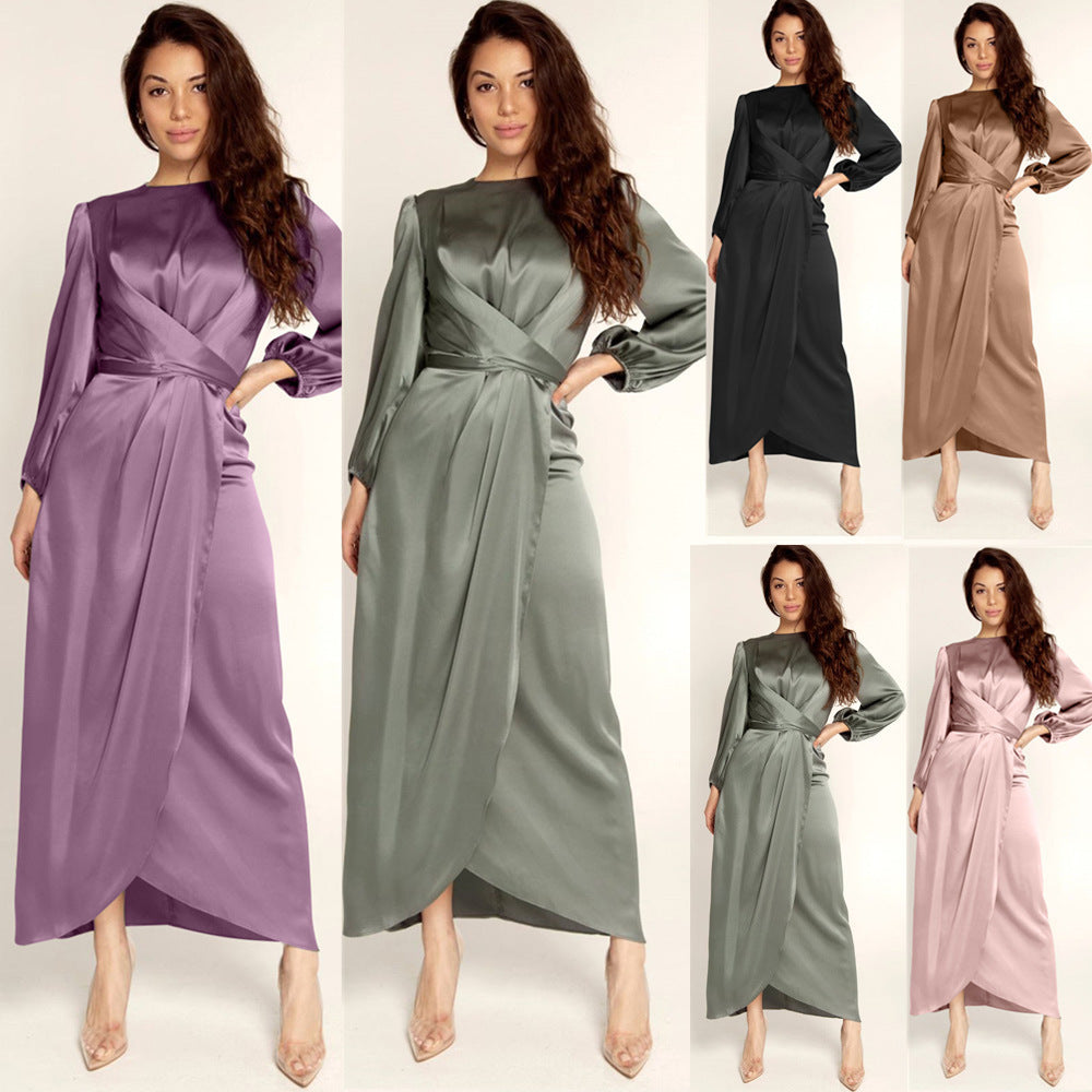 Ladies Elegant Maxi Dress in Satin with Wrap Detail, Long Sleeve and Waistband Mune Fashion