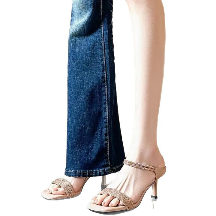 Women's Sparkling Strap Mules with Slim Stiletto Heel and Open Toe Area Mune Fashion