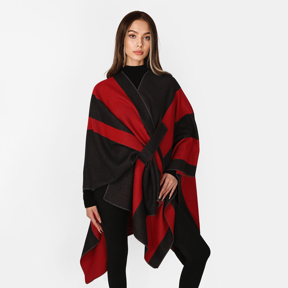 Women's Oversize Cape with Block Stripes and Tied Belt Mune Fashion