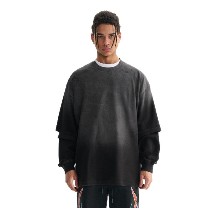 Men's Layered Long Sleeve Shirt with Double Layered Sleeves, Washed Vintage Wash and Subtle Fraying Mune Fashion