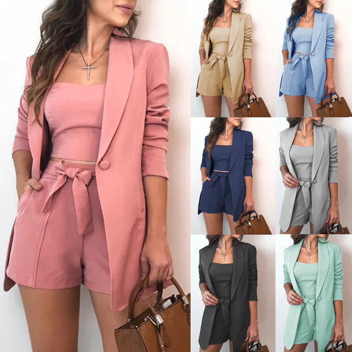 Ladies tailored blazer shorts set with bandeau top and tie belt Mune Fashion