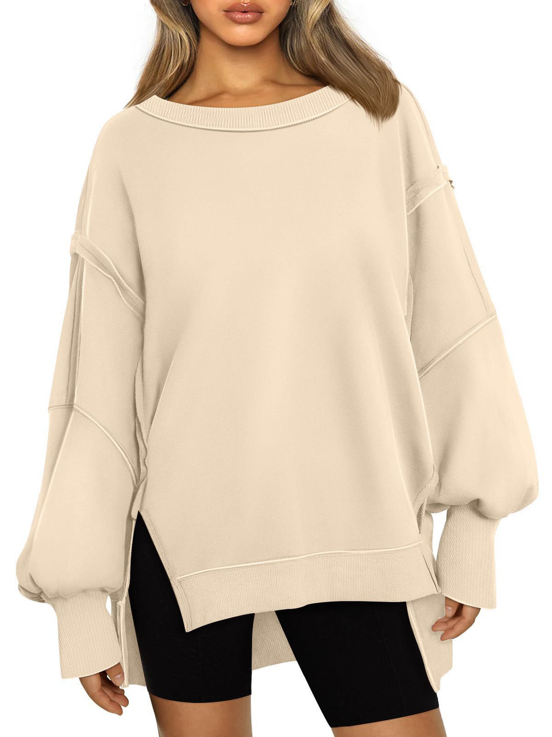 Ladies Soft Longline Sweatshirt with Balloon Sleeves, Side Slits and Ribbed Hem Mune Fashion
