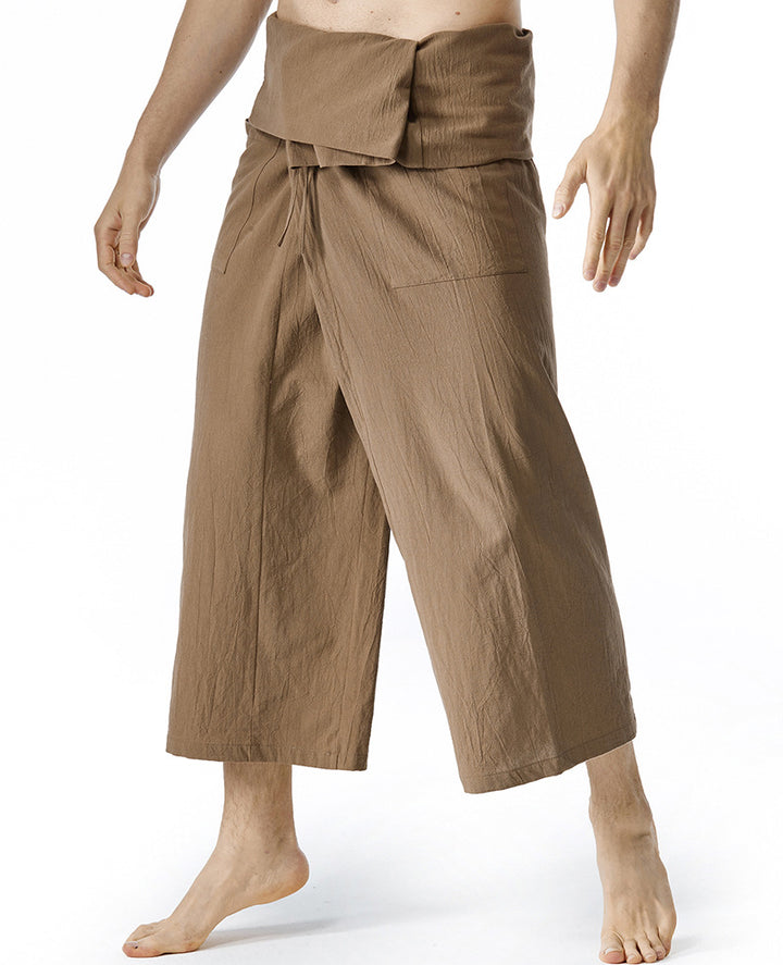 Men's loosely fitted linen harem pants with high foldover waistband and patch pockets Mune Fashion