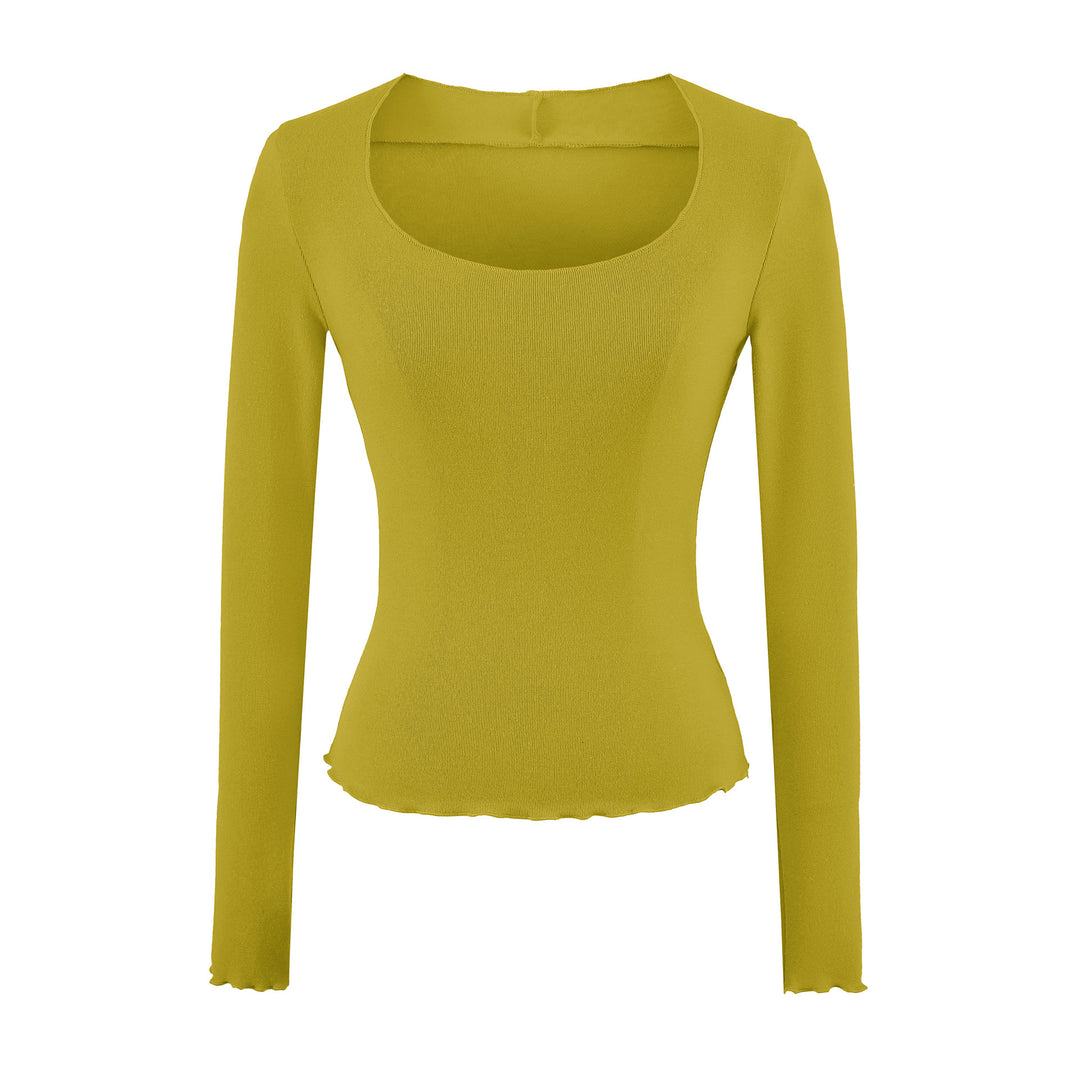 Women Fitted Long Sleeve Fine Knit Top with Square Neckline and Wave Hem Mune Fashion