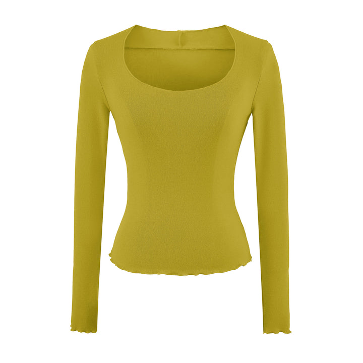 Women Fitted Long Sleeve Fine Knit Top with Square Neckline and Wave Hem Mune Fashion
