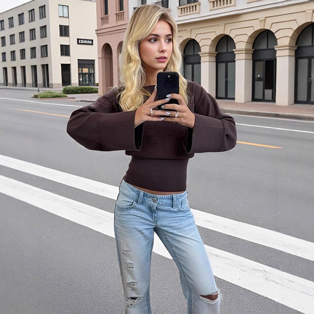 Women's Cropped Fine Knit Sweater with Wide Cuff Sleeves and Fitted Ribbed Waistband Mune Fashion
