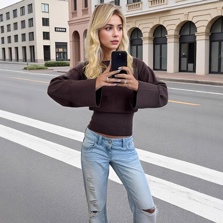 Women's Cropped Fine Knit Sweater with Wide Cuff Sleeves and Fitted Ribbed Waistband Mune Fashion