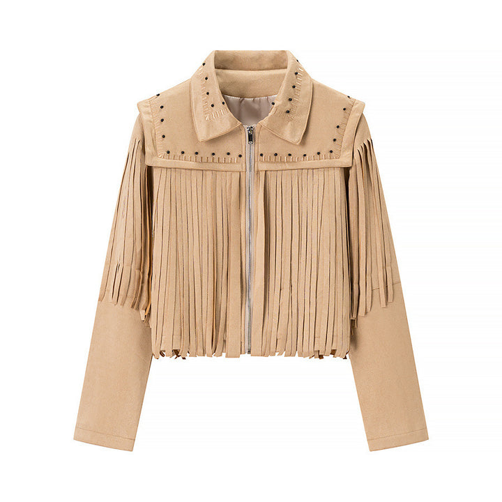 Women's Short Fringe Suede Jacket in Western Style with Studded Accents and Front Zipper Mune Fashion